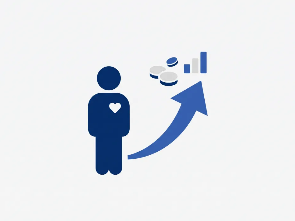 Illustrazione: una figura umana con un cuore sul petto e una freccia che sale verso monete e un grafico a barre in crescita.